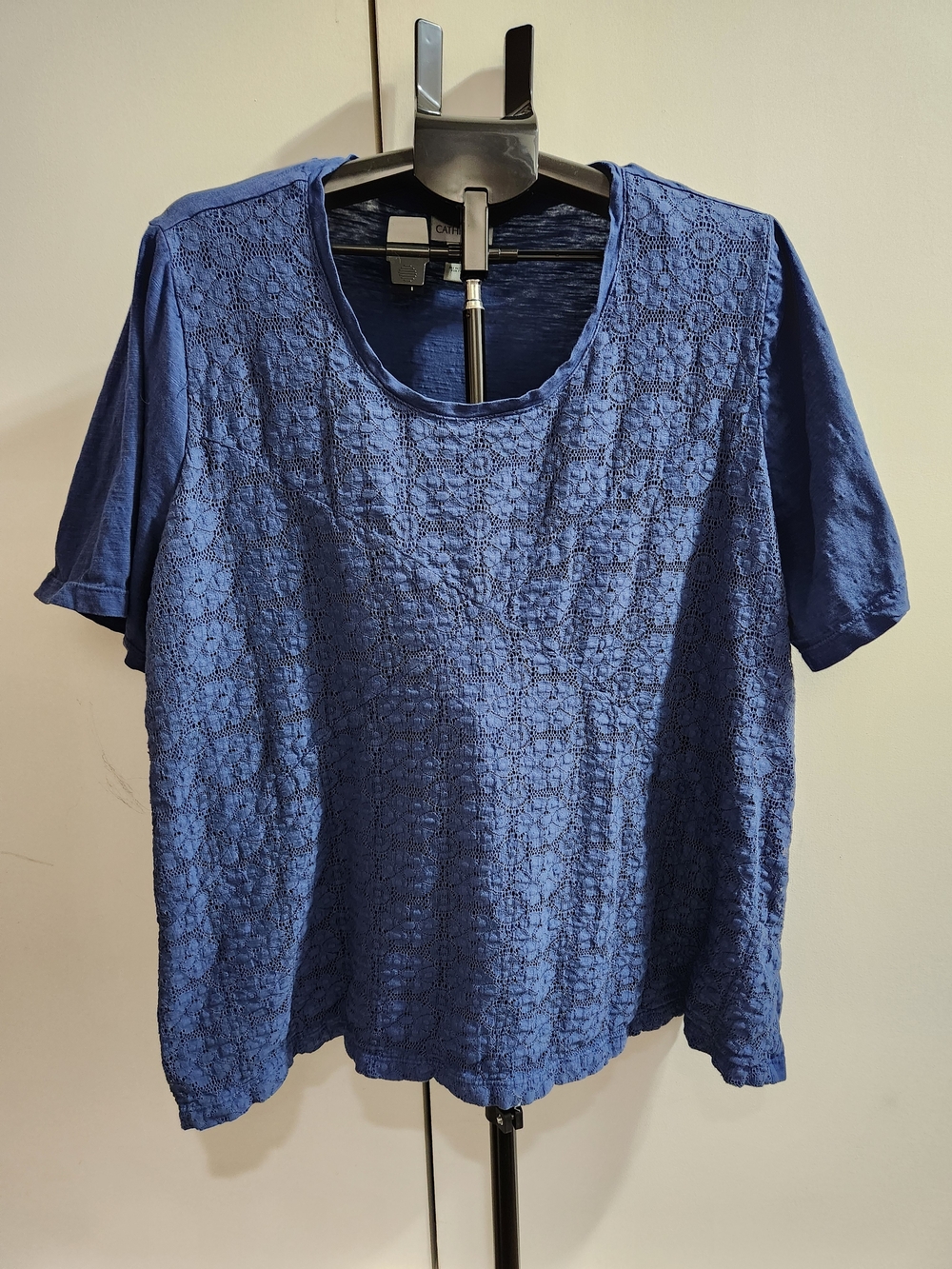 Catherines Blue Lace-Front Short Sleeve Scoop Neck Top